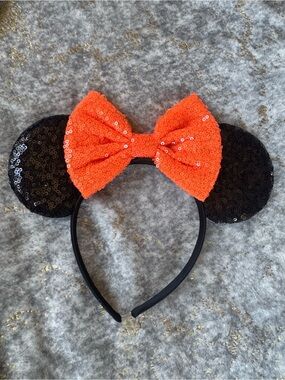 Sequin Minnie Mickey Mouse Ear Headband with Orange Bow Halloween